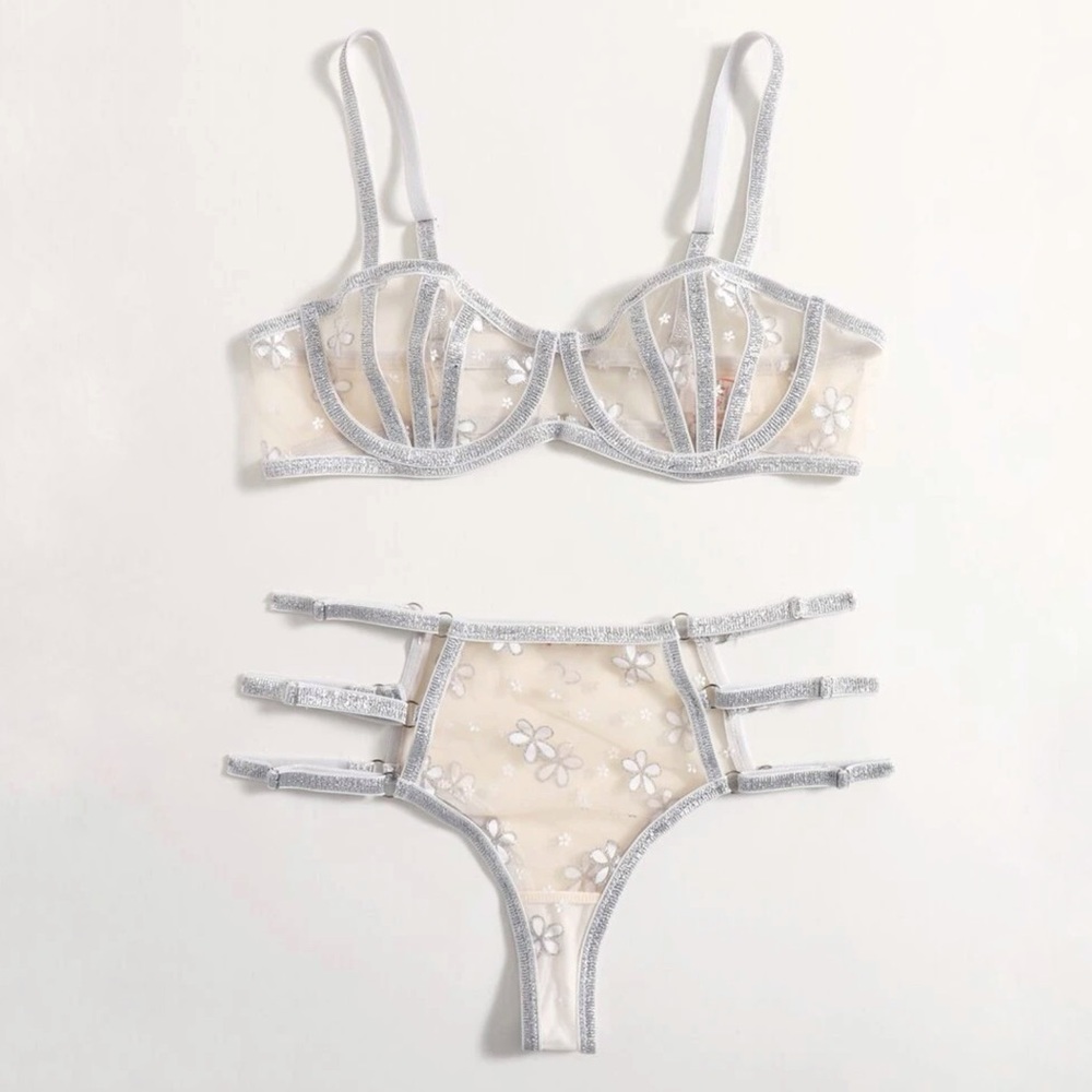 New small Silver & White Strappy Bra & Panties Lingerie Set